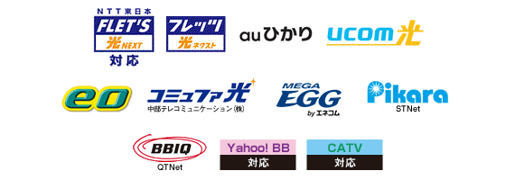 Bフレッツ、フレッツ・光プレミアム、フレッツ・ADSL、auひかり、ADSL one、eo光、コミュファ光、Pikara、MEGA EGG、BBIQ、Ucom、eAccess、Yahoo!BB、CATV